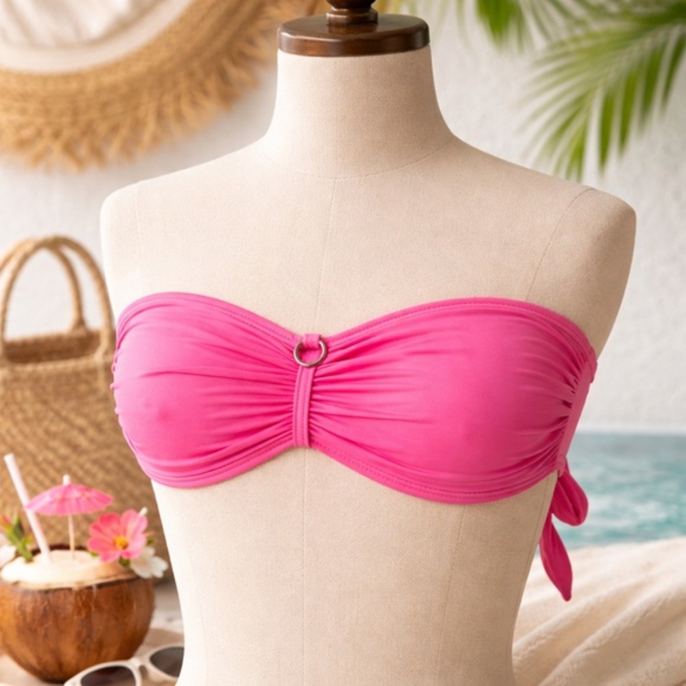 Tommy Bahama Pink Bandeau Bikini Top XS Ruched Ring Detail Tie Back Swim